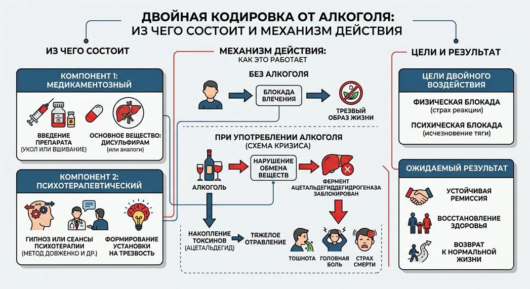 Инфографика механизма действия двойной кодировки от алкоголя: сочетание дисульфирама и психотерапии