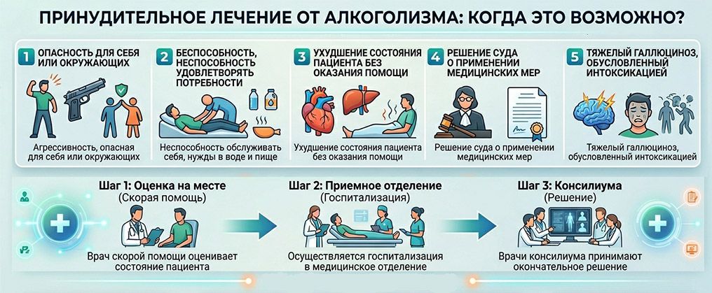 Инфографика, описывающая этапы и критерии принудительного лечения от алкоголизма без согласия