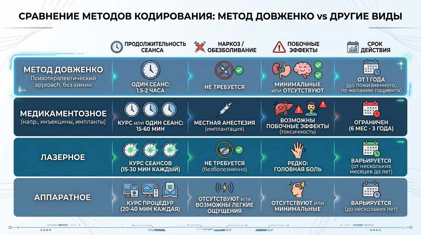Сравнительная таблица методов кодирования от алкоголизма